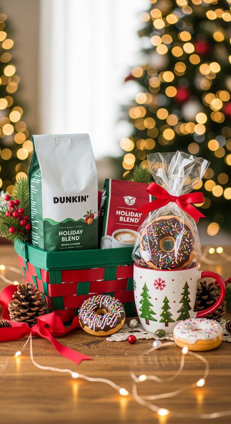 Holiday cheer Dunkin gift basket with Holiday Blend coffee Christmas mug donut chocolates and festive decor