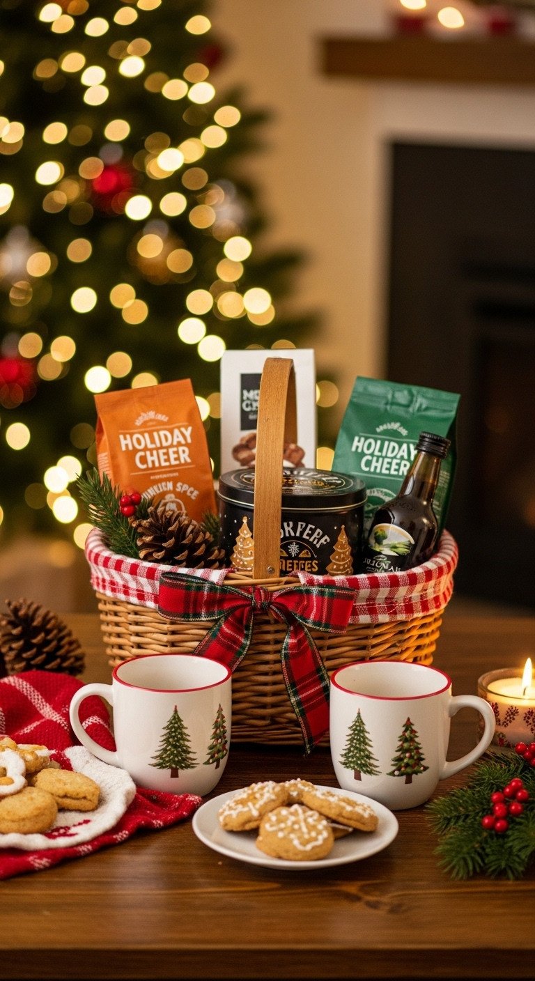 Holiday cheer coffee gift basket with seasonal blends mugs cookies and Irish cream liqueur by a Christmas tree