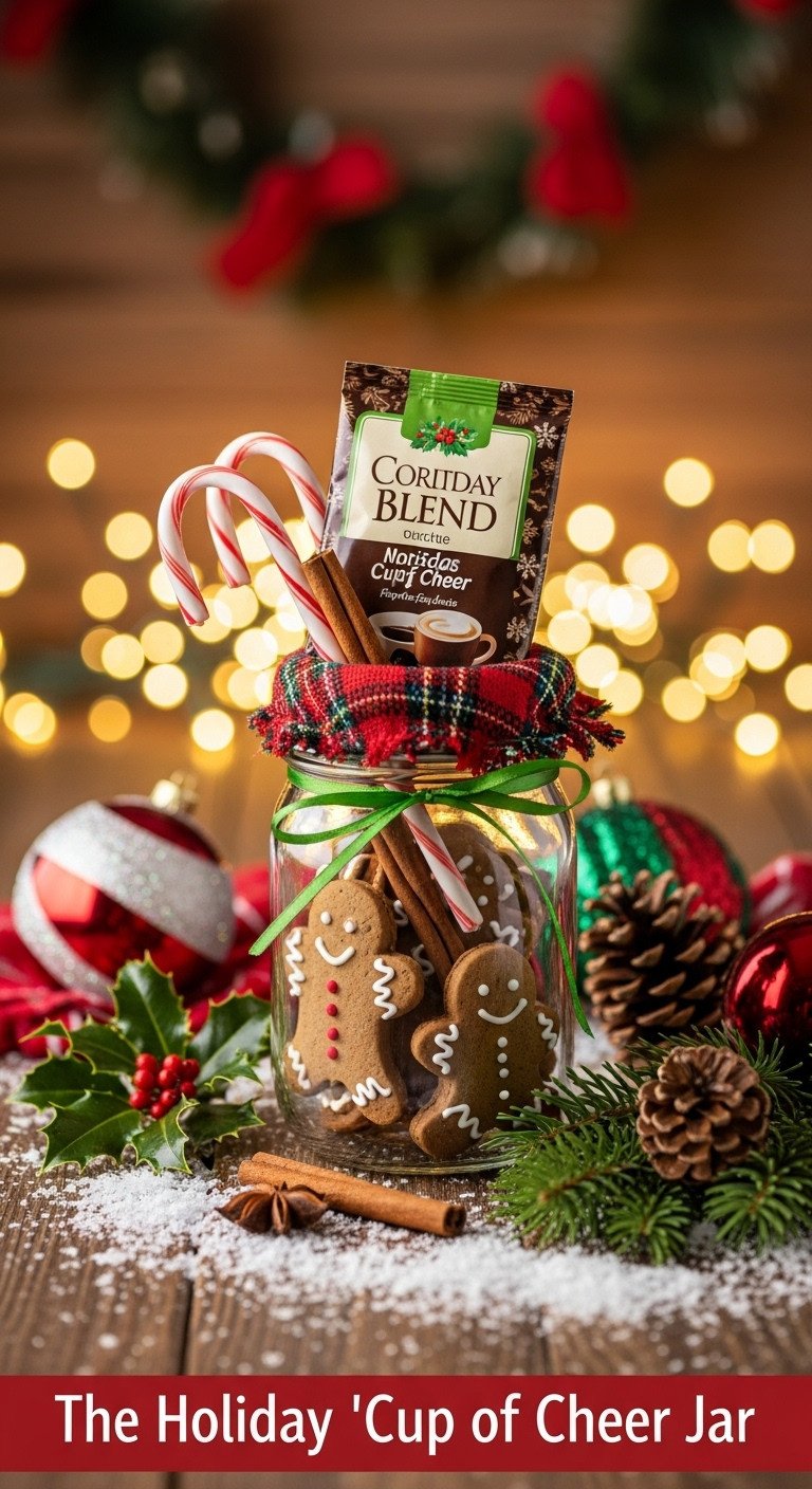 Holiday cup of cheer DIY mason jar gift with coffee candy canes and gingerbread cookies on a rustic wooden table