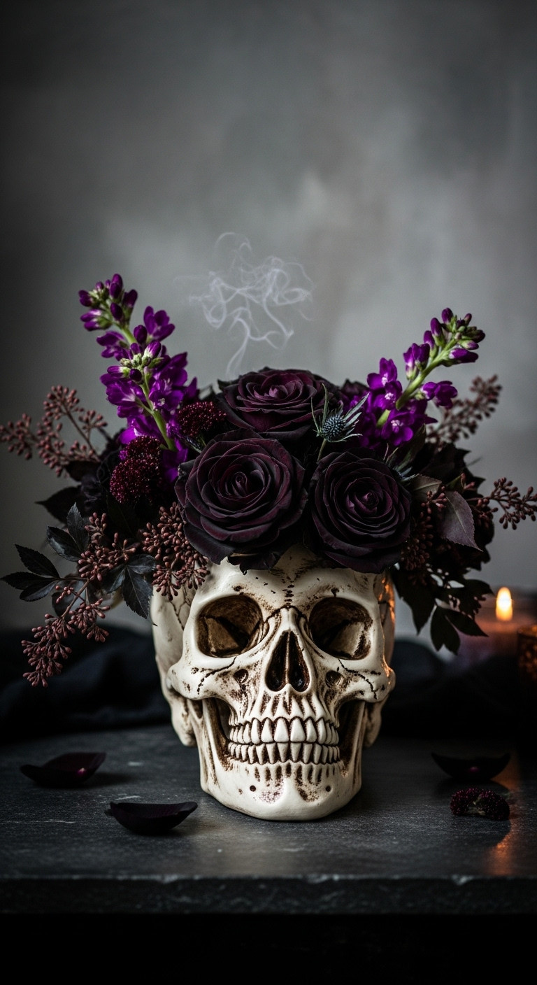Hollowed human skull replica as a vase with dark foliage and 'Black Beauty' roses for haunted floral Halloween decor