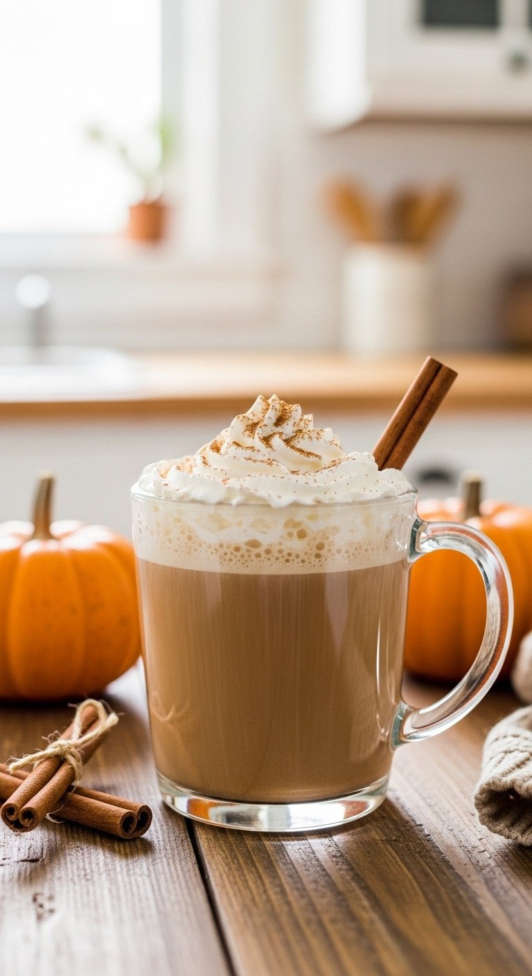 13 Cozy Pumpkin Coffee Aesthetic Ideas for Fall Vibes 1 Homemade Pumpkin Spice Latte in a clear glass mug with whipped cream cinnamon pumpkin cinnamon sticks and knit sweater on a rustic wooden table
