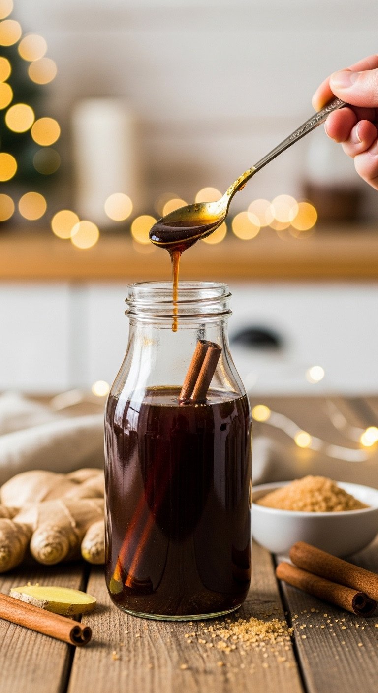 Homemade gingerbread syrup in a glass bottle with cinnamon stick, drizzled from a spoon. Warm cozy kitchen with festive lights.