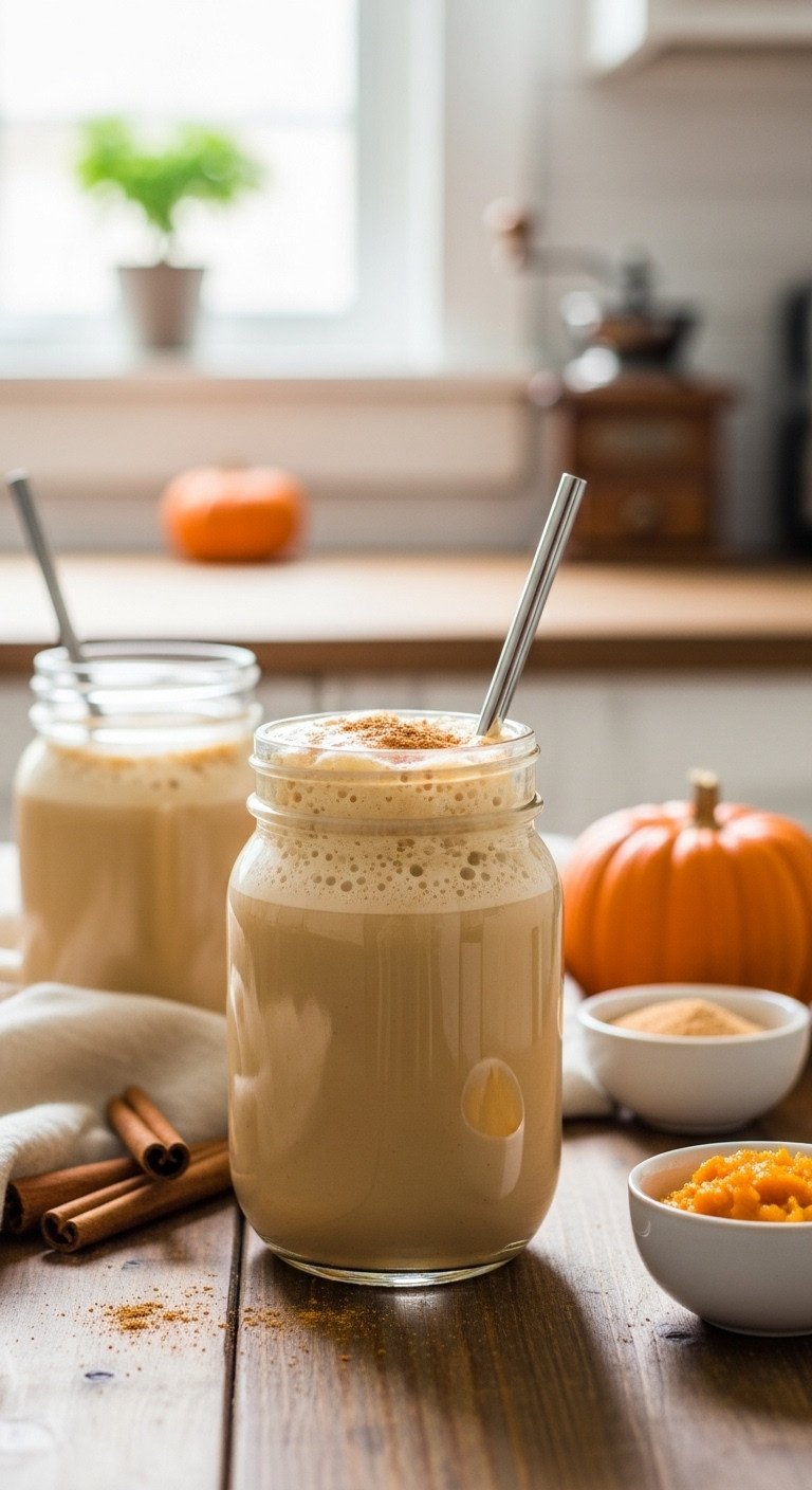Homemade low-cal pumpkin coffee in mason jar with foam, pumpkin spice, straw on rustic wood. Cozy fall drink.