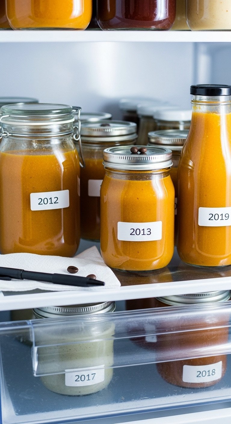 Perfect Pumpkin Coffee Sauce Recipe Easy Customizable 13 Homemade pumpkin coffee sauce in labeled glass jars and bottles, neatly organized in a clean refrigerator for fresh storage.