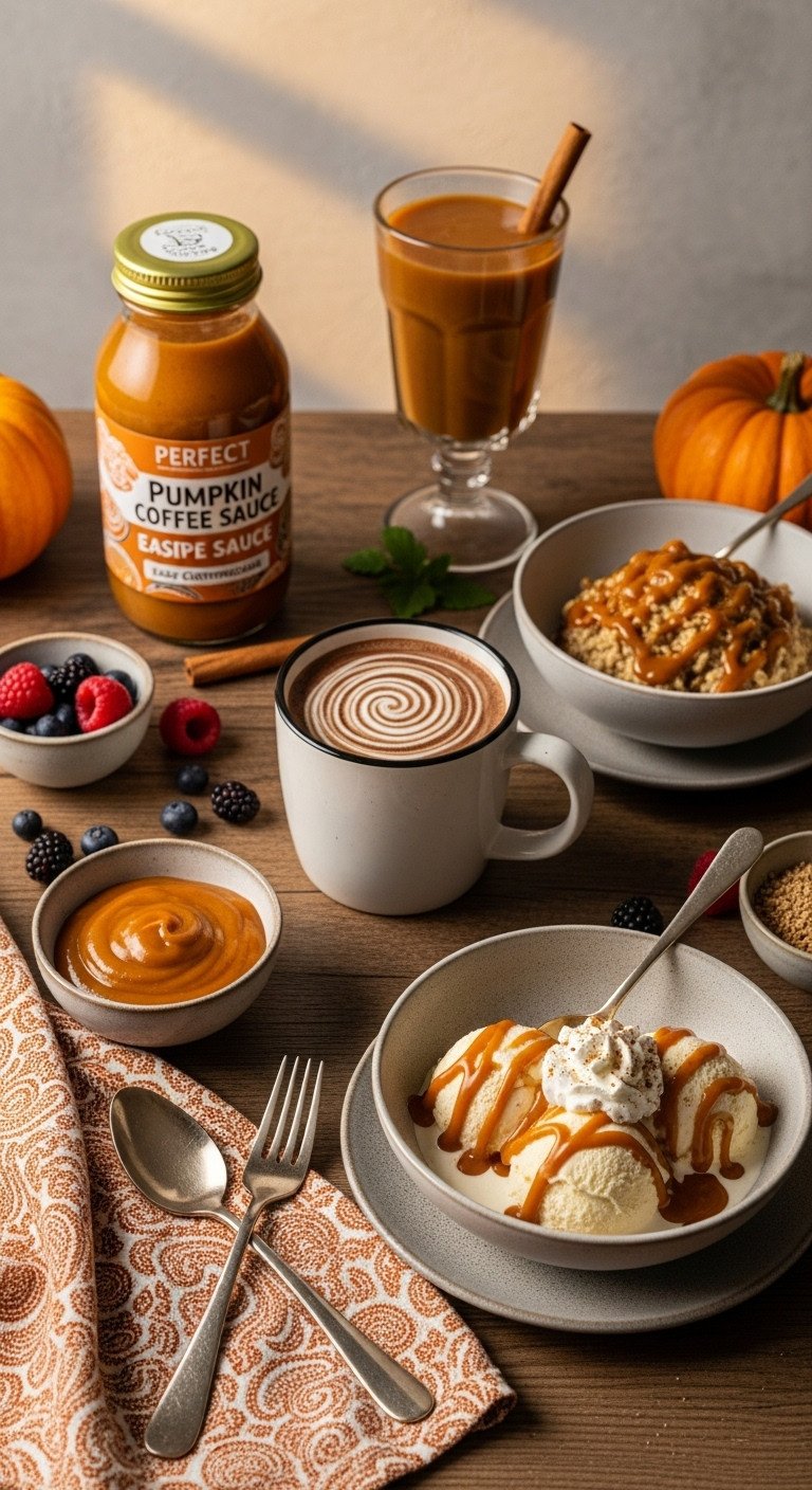 Perfect Pumpkin Coffee Sauce Recipe Easy Customizable 15 Homemade pumpkin coffee sauce on hot chocolate, oatmeal, and ice cream. Shows versatile fall treats on a rustic table.