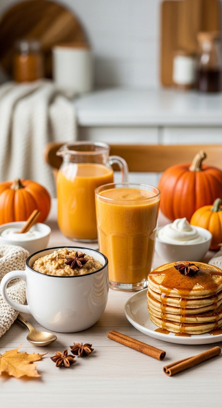 Homemade pumpkin creamer in oatmeal, a smoothie, and drizzled on pancakes, showcasing versatile fall uses.