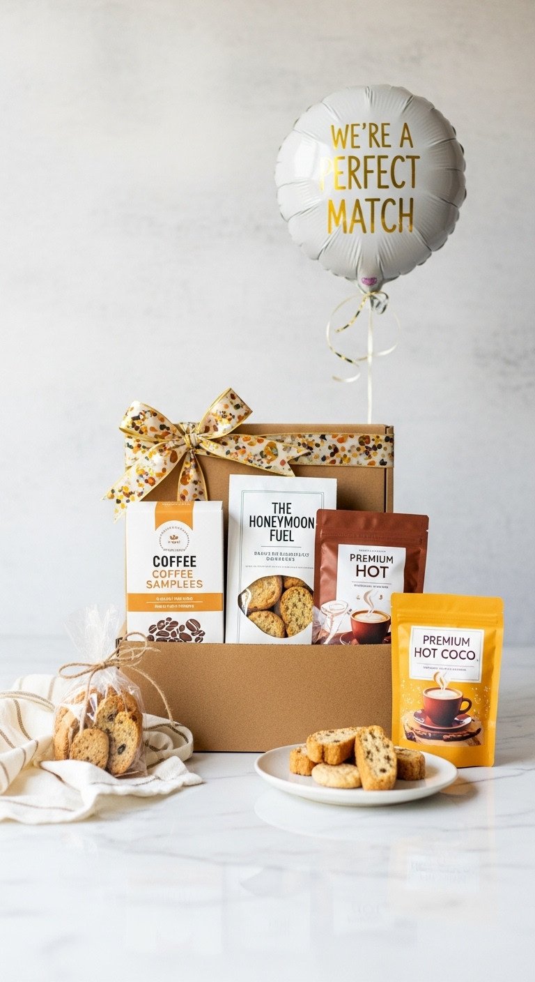 Honeymoon fuel coffee basket with samplers biscotti hot cocoa in kraft box with ribbon and balloon