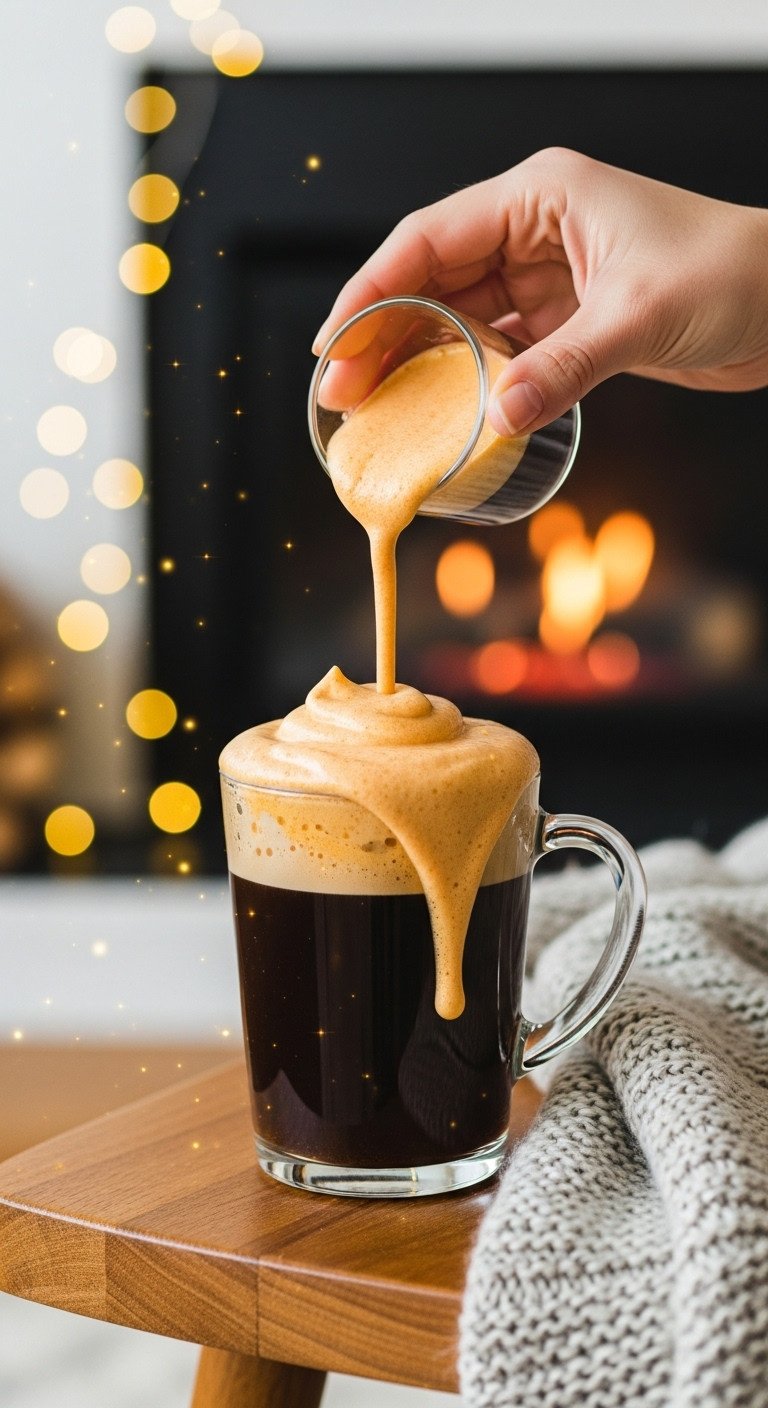 7 Cozy Hot Pumpkin Coffee Recipes Better Than Starbucks 3 Hot Coffee with Pumpkin Cream Foam in a glass mug on a wooden side table next to a knit blanket and fireplace