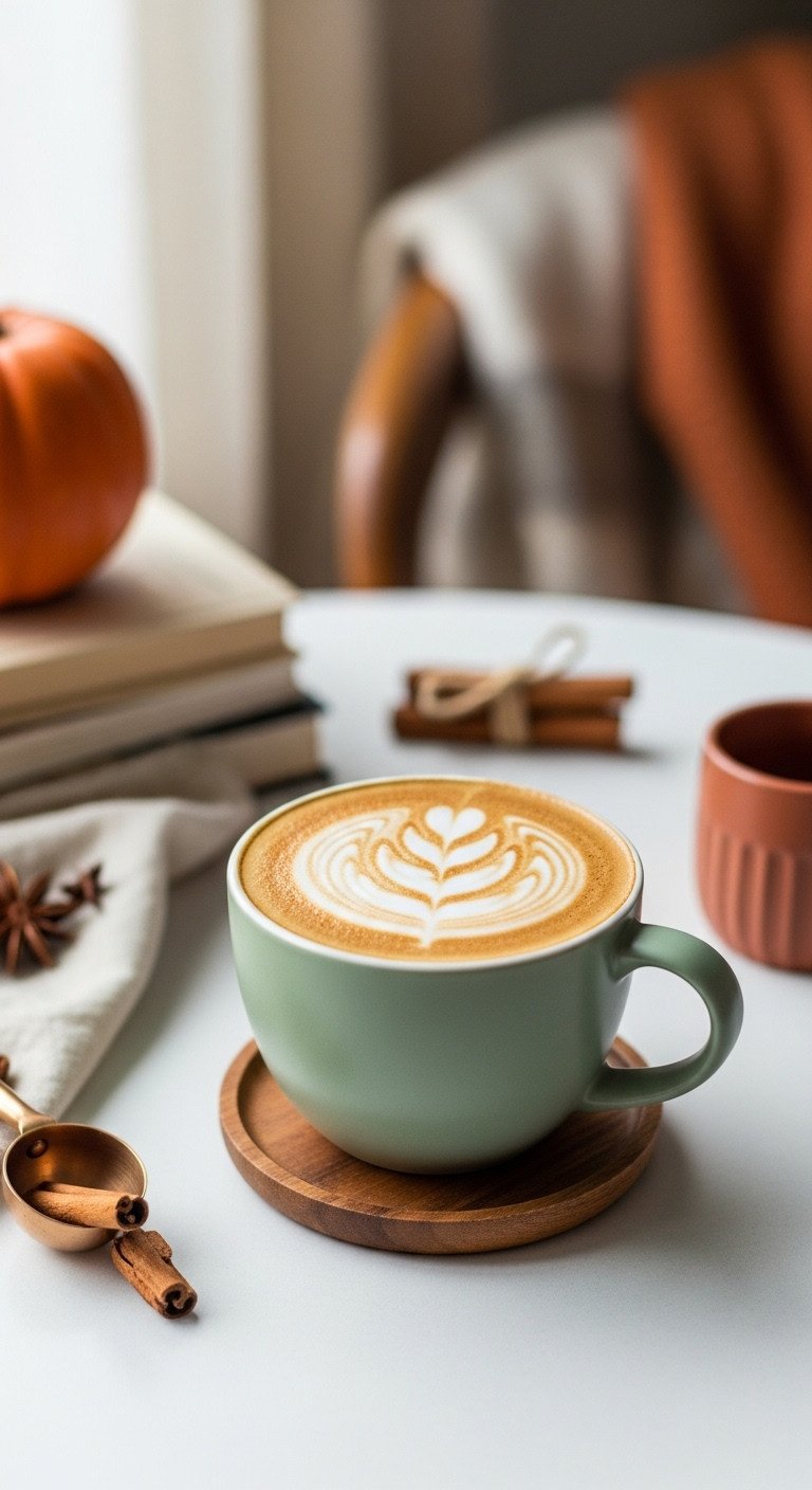Hot Pumpkin Spice Latte in matte mug with leaf latte art, smooth foam. Cozy scene with books, blanket, cinnamon sticks, wooden coaster.