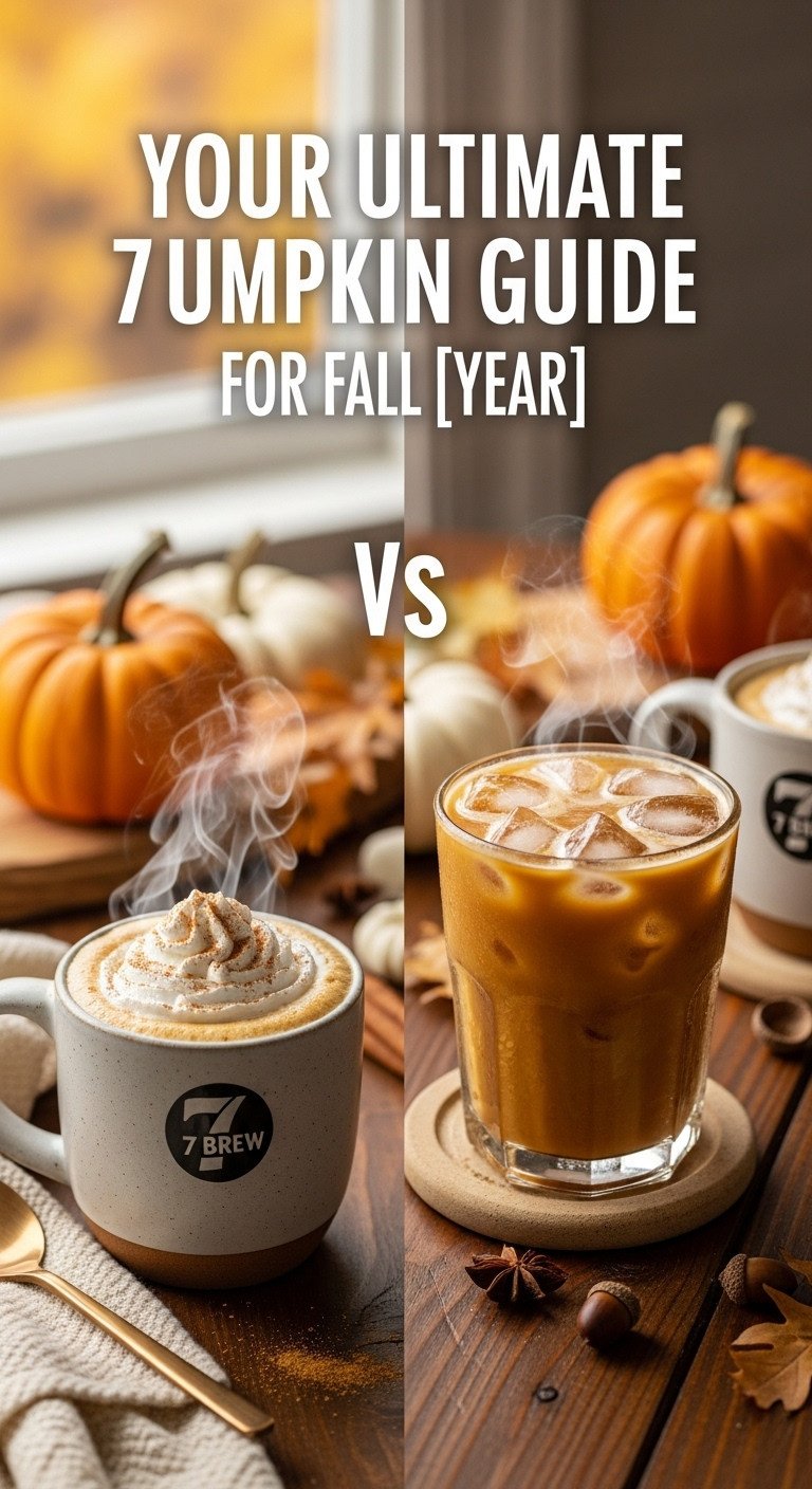 Hot and iced 7 Brew pumpkin drinks with whipped cream, steam, and condensation on a rustic table with autumn decor.