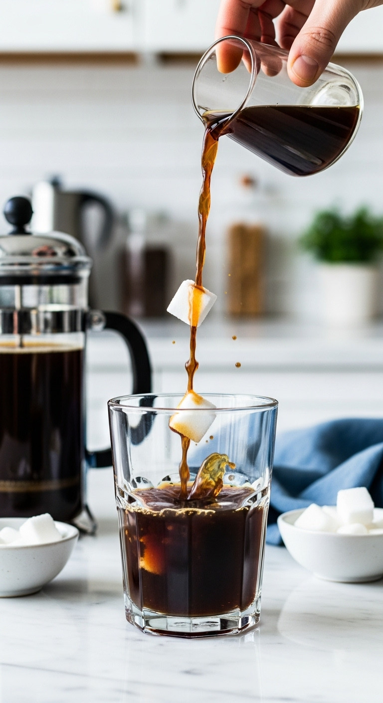 Hot coffee being poured over two white sugar cubes in a preheated glass on a white marble countertop