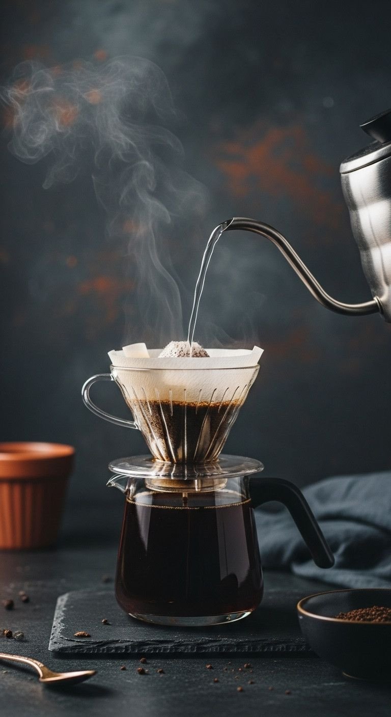 How To Make Perfect Vietnamese Iced Coffee The Authentic Way 5 Hot water from a gooseneck kettle blooms coffee grounds in a Vietnamese phin filter on dark slate, with steam rising.