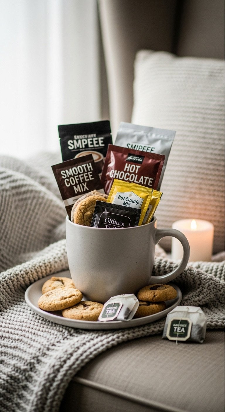 Hug in a Mug sympathy basket with oversized ceramic mug coffee hot chocolate tea bags and cookies on knitted blanket
