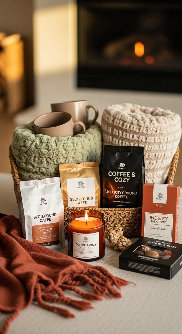 Hygge inspired coffee and cozy gift basket with plush blankets specialty coffee candle and artisanal chocolates in a living room