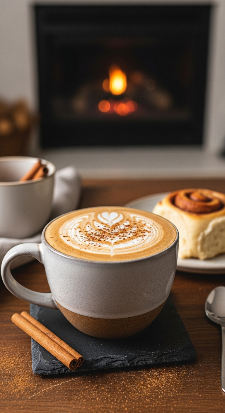Hyperrealistic Cinnamon Roll Breve in a ceramic mug with latte art cinnamon dust and a fresh cinnamon roll on a wooden table