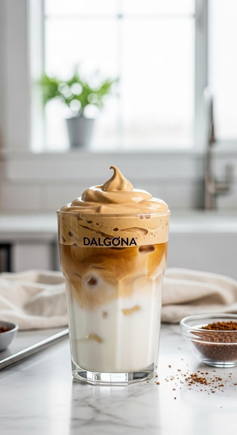 3 Easy Korean Cold Coffee Recipes To Make At Home 1 Hyperrealistic Dalgona coffee in clear glass with thick whipped foam, cold milk, ice. Styled on marble, metal straw, soft daylight.