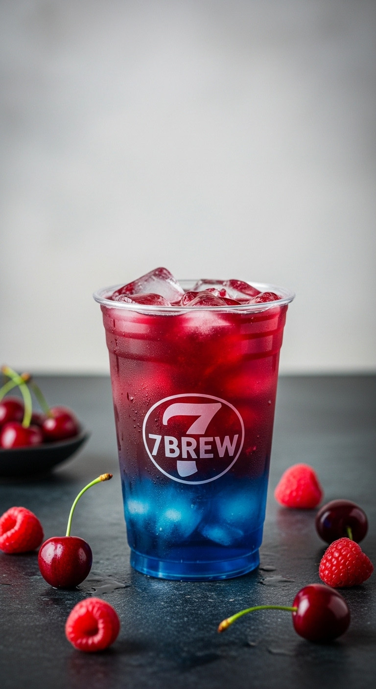 Hyperrealistic Dragon's Blood Energy Drink in a 7 Brew cup with vibrant blue red layers ice cherries and raspberries on dark stone