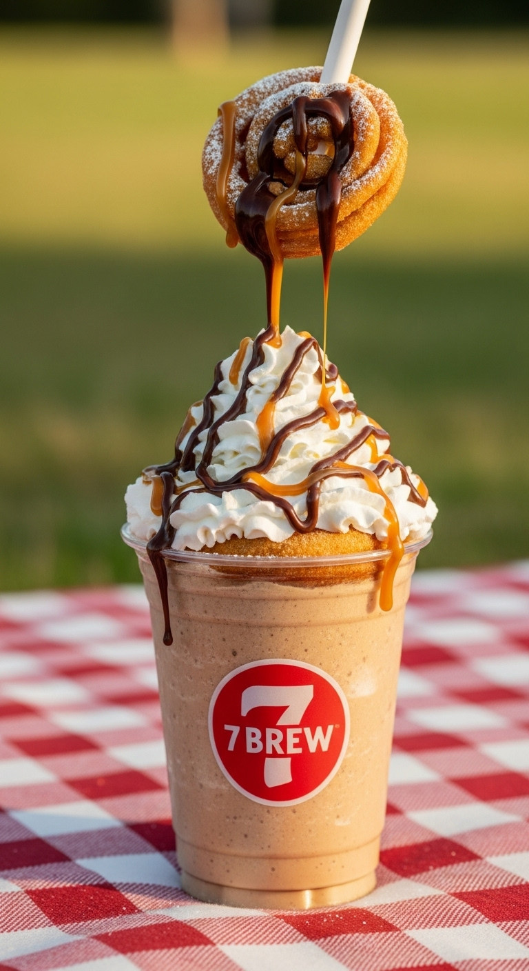 Hyperrealistic Funnel Cake Chiller with whipped cream chocolate caramel drizzle and powdered sugar on a picnic blanket at golden hour