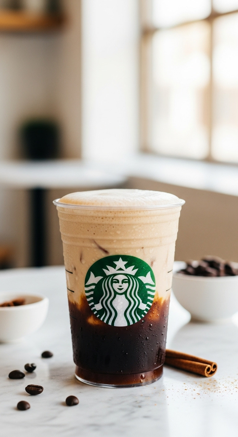 Hyperrealistic Iced Brown Sugar Oatmilk Shaken Espresso in a Starbucks cup with visible layers condensation and soft bokeh background