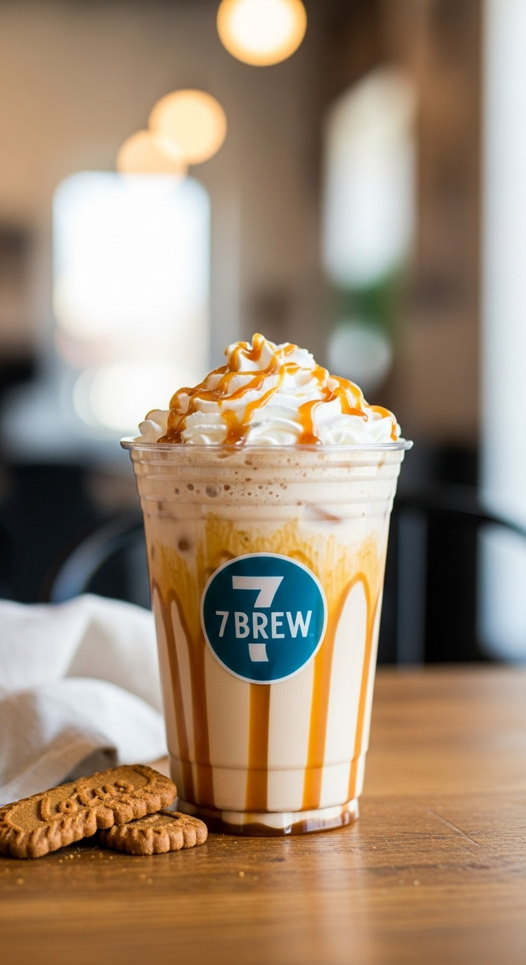 Hyperrealistic Iced Cookie Butter Latte in a 7 Brew cup with whipped cream caramel drizzle and speculoos cookies on a rustic wooden table