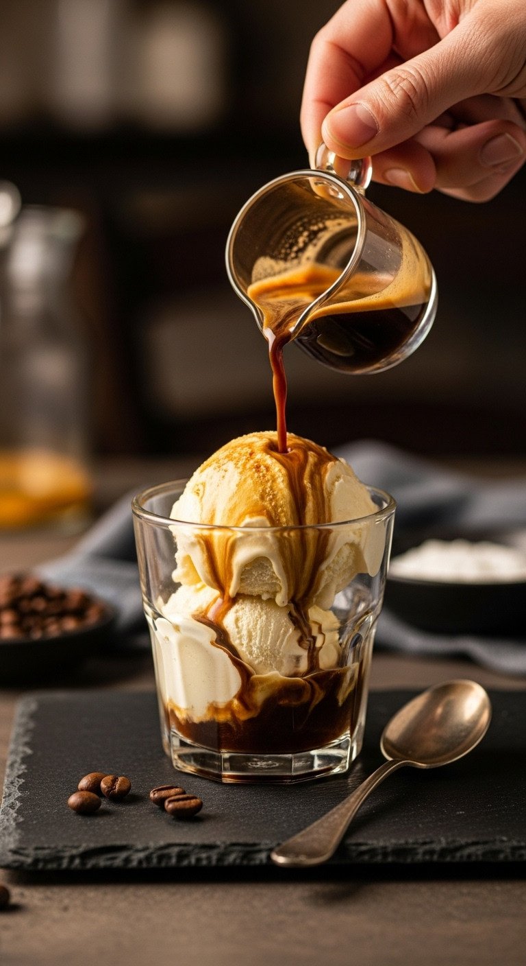 11 Effortless Cold Coffee Dessert Recipes To Make Today 1 Hyperrealistic Italian Affogato: dark espresso pouring over vanilla bean gelato in clear glass, showing rich crema, melting swirls on slate.