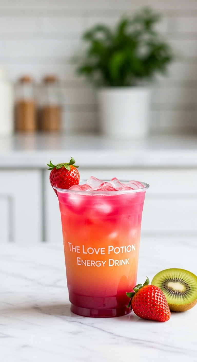 Hyperrealistic Love Potion Energy Drink in a 7 Brew cup with ice vibrant layers strawberry and kiwi on white marble countertop