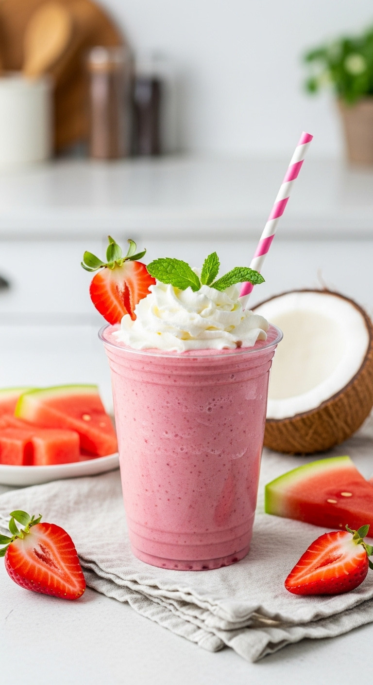 Hyperrealistic Pink Mermaid Smoothie in a cup with whipped cream fresh strawberries watermelon and coconut on a linen tablecloth