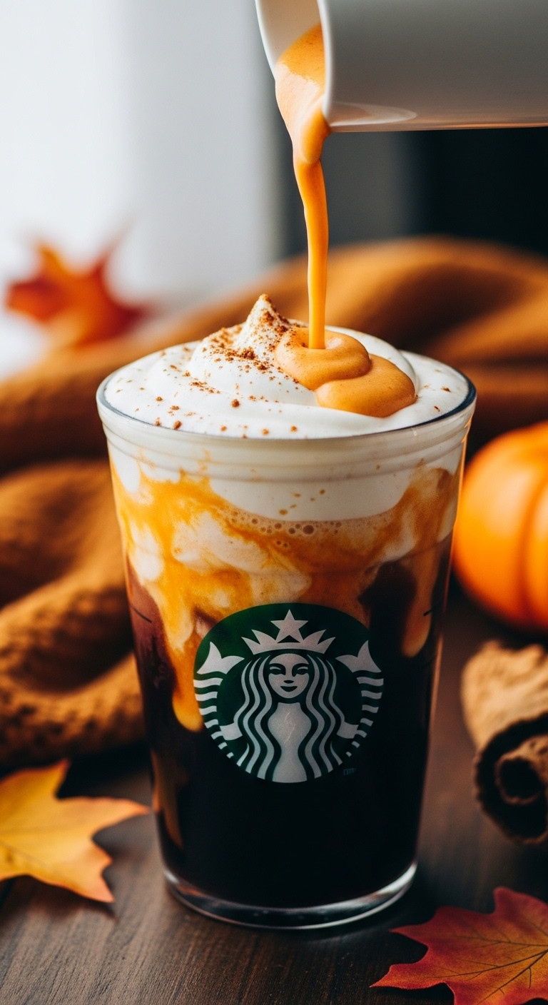 Hyperrealistic Pumpkin Cream Cold Brew in a Starbucks cup with cascading foam and pumpkin spice on a dark wood surface with fall decor
