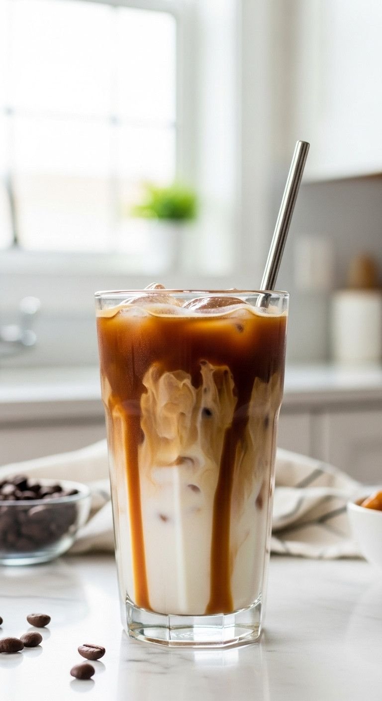 The Perfect Caramel Iced Coffee Recipe To Make At Home 1 Hyperrealistic caramel iced coffee with milk swirl, caramel drizzle in glass, metal straw on marble counter. Gourmet coffee drink recipe.