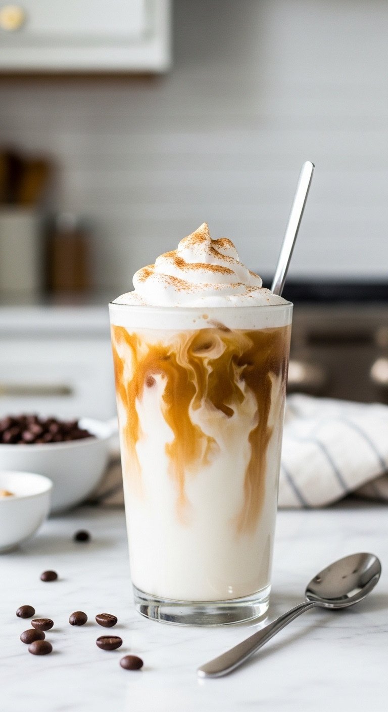 Easy Starbucks Cold Coffee Recipes That Are Never Watery 1 Hyperrealistic iced vanilla latte in a clear glass, showing creamy espresso swirls on marble with coffee beans and a spoon. Perfect recipe image.