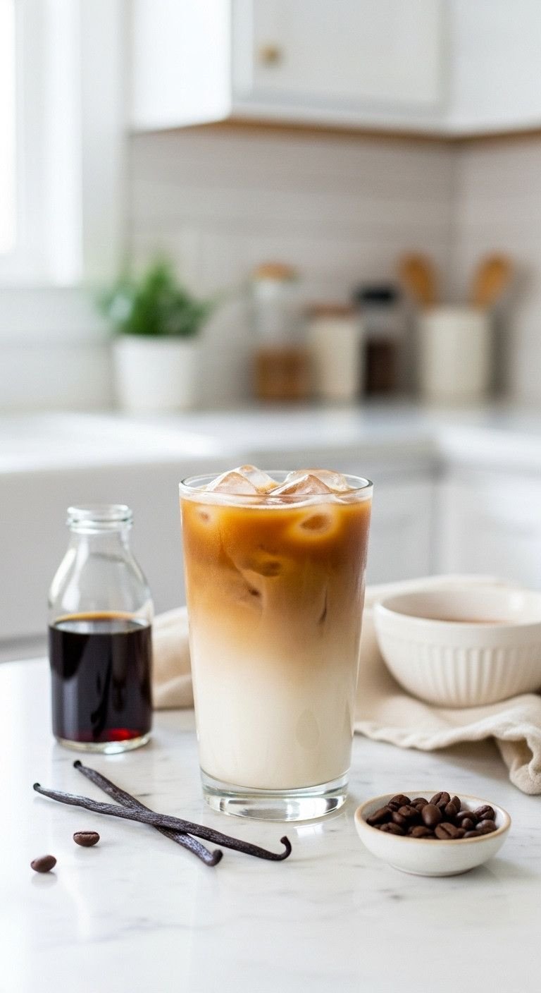 7 Low Calorie Iced Coffee Recipes That Taste Amazing 1 Hyperrealistic skinny vanilla iced latte layered in a clear glass, vanilla syrup bottle, scattered coffee beans on marble. Creamy whites, rich browns.