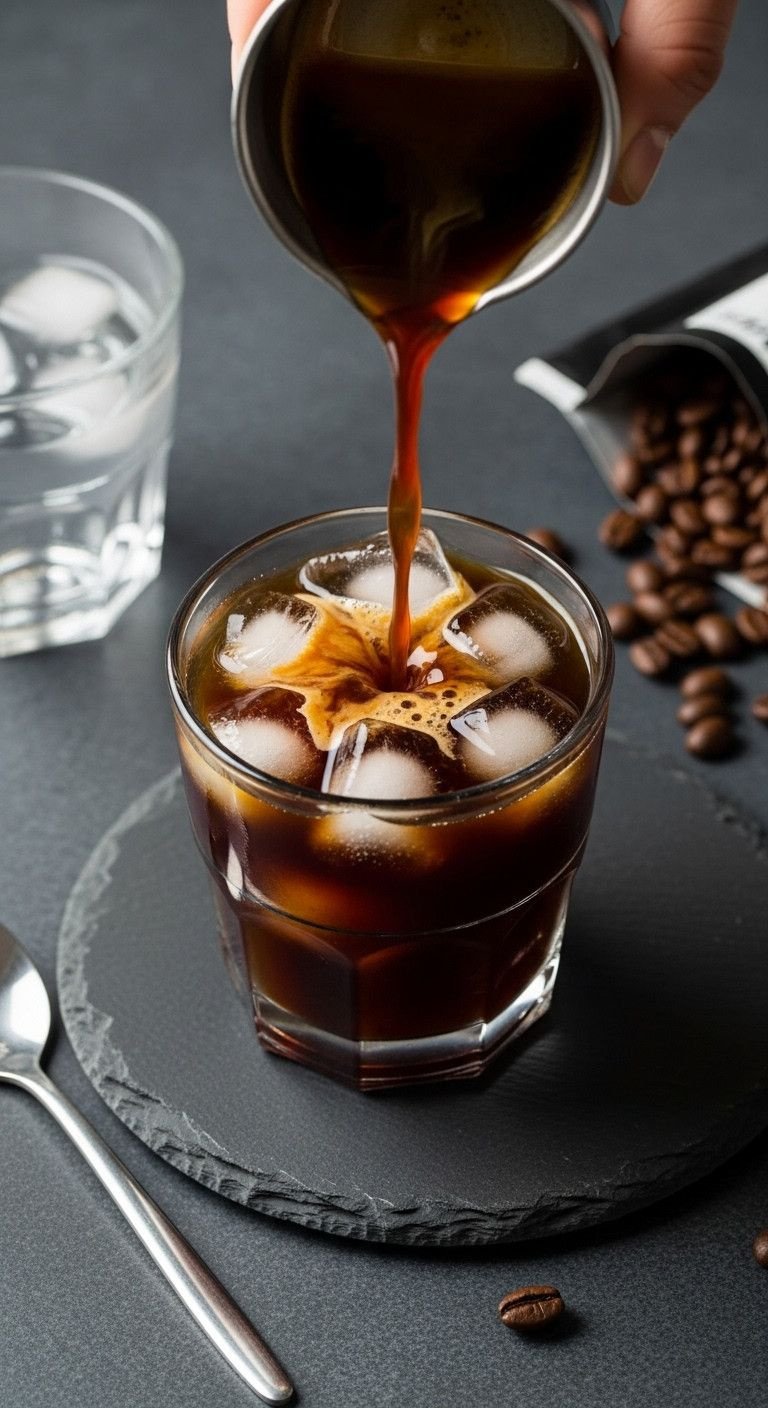 7 Iced Espresso Recipes That Taste Better Than A Cafe 5 Iced Americano, espresso poured over ice and water, amber crema. Sleek glass on dark slate. Minimalist, refreshing coffee.