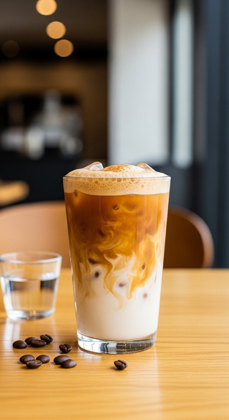 Iced Pumpkin Brown Sugar Shaken Espresso: frothy, oat milk, pumpkin spice. Clear glass, light wood table, modern cafe. Fall custom.