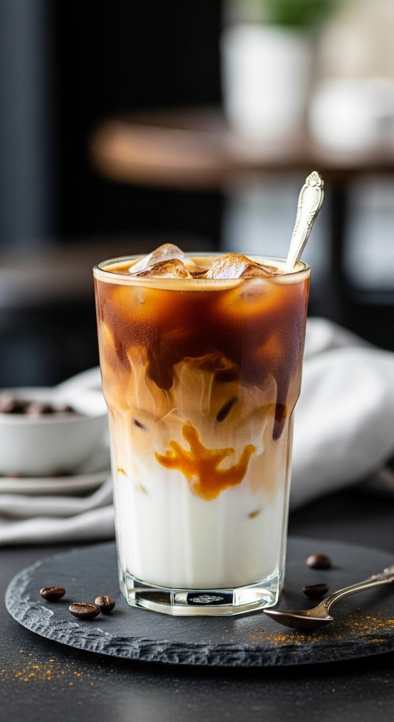 Iced Pumpkin Caramel Macchiato: layered drink, caramel drizzle, pumpkin spice. Clear glass, dark stone, upscale cafe. Fall custom.