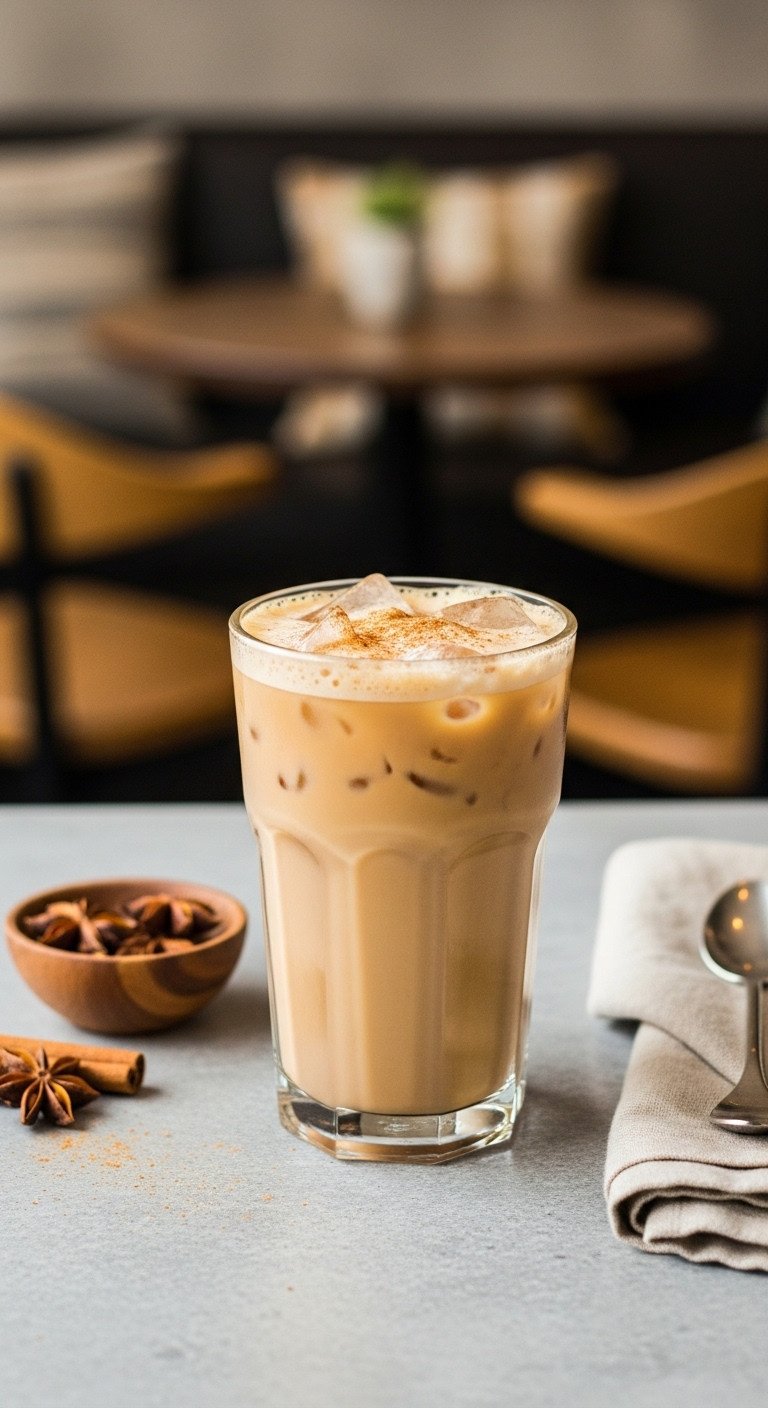 Iced Pumpkin Chai Latte in clear glass with foamed milk, cinnamon. Polished concrete, whole spices, cozy cafe background, autumn drink.