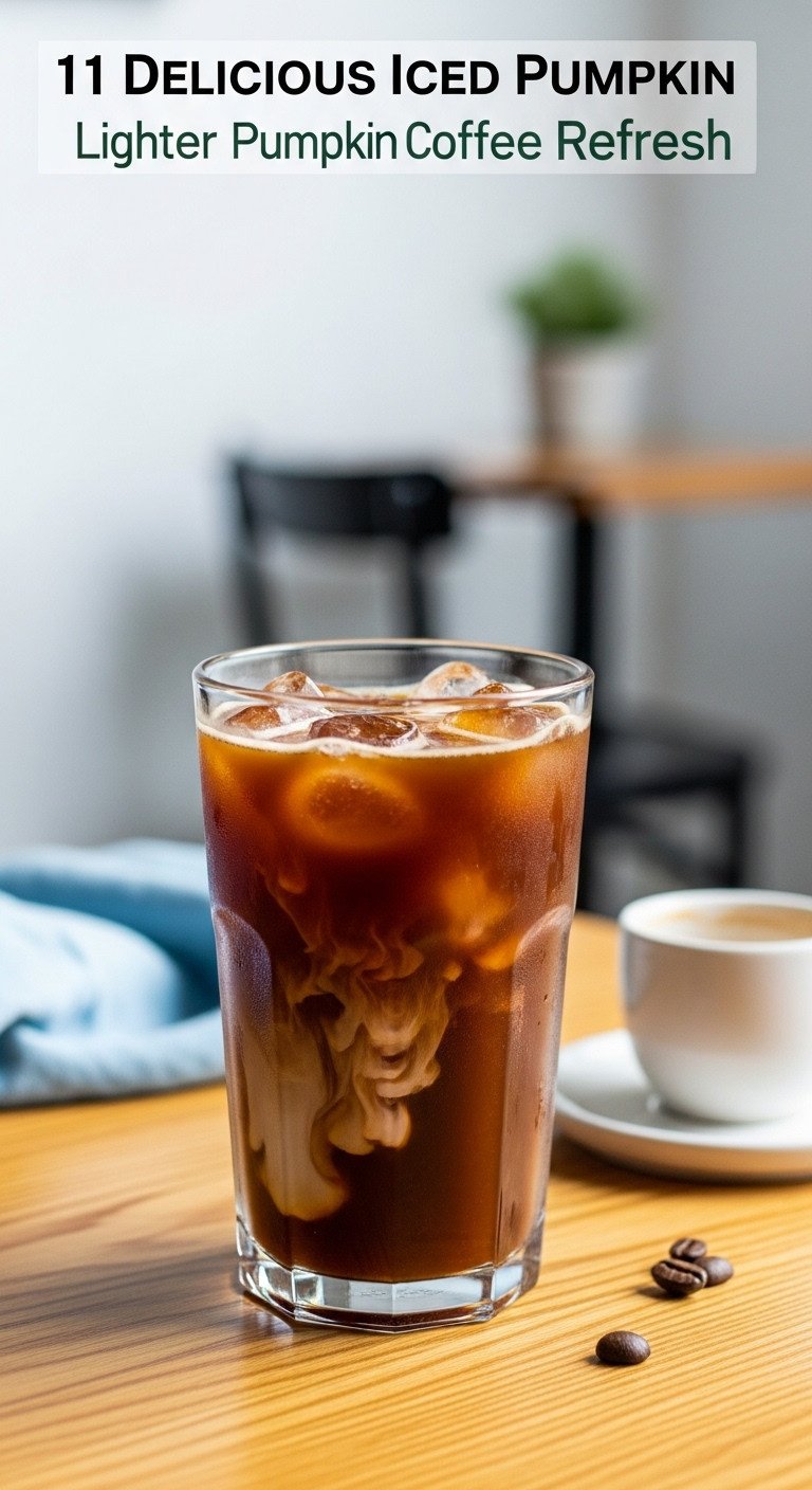 Iced Pumpkin Coffee Refresh: dark coffee, milk swirl, pumpkin spice. Clear glass, light wood table, minimalist cafe. Fall custom drink.