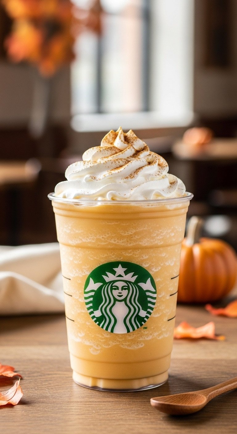 Iced Pumpkin Crème Frappuccino: light orange, whipped cream, pumpkin spice. Clear cup, rustic table, autumn cafe. Fall custom.
