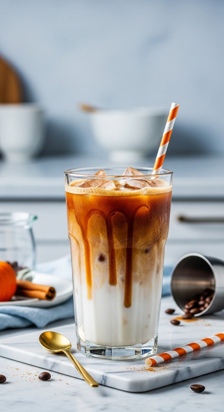 Iced Pumpkin Shaken Espresso in tall glass with layers, ice, syrup, condensation on marble counter; vibrant coffee drink.