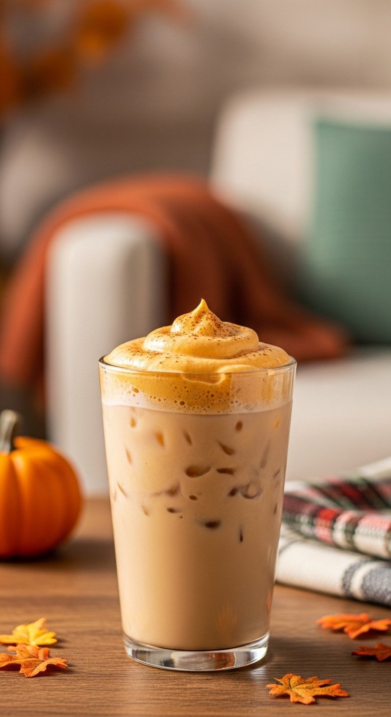 Iced Pumpkin Spice Chai Latte: creamy light brown, vibrant pumpkin cold foam, cinnamon. Clear glass, rustic table, blurred autumn room. Fall custom.