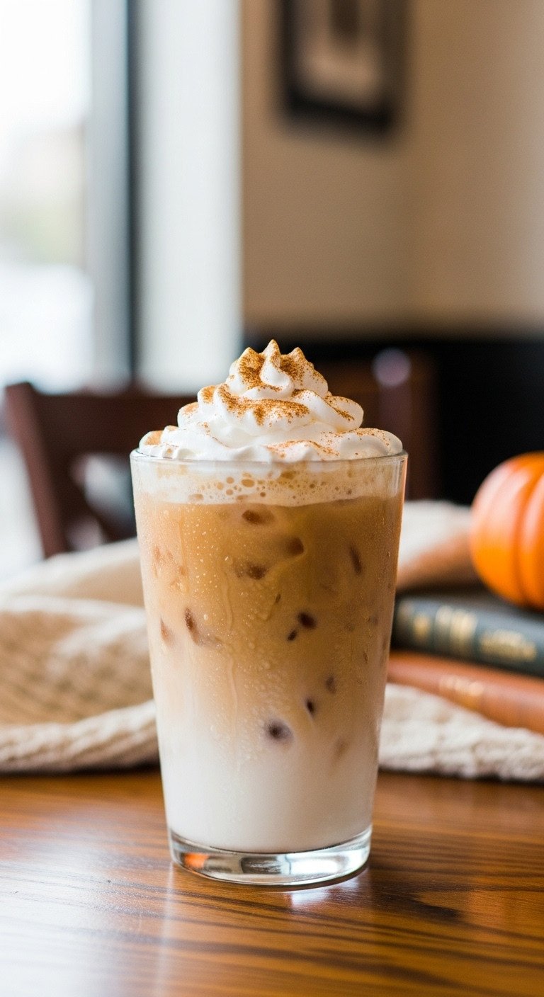 Iced Pumpkin Spice Latte in clear glass, creamy layers, whipped cream, pumpkin spice. Rustic table, cozy coffee shop. Fall custom order.