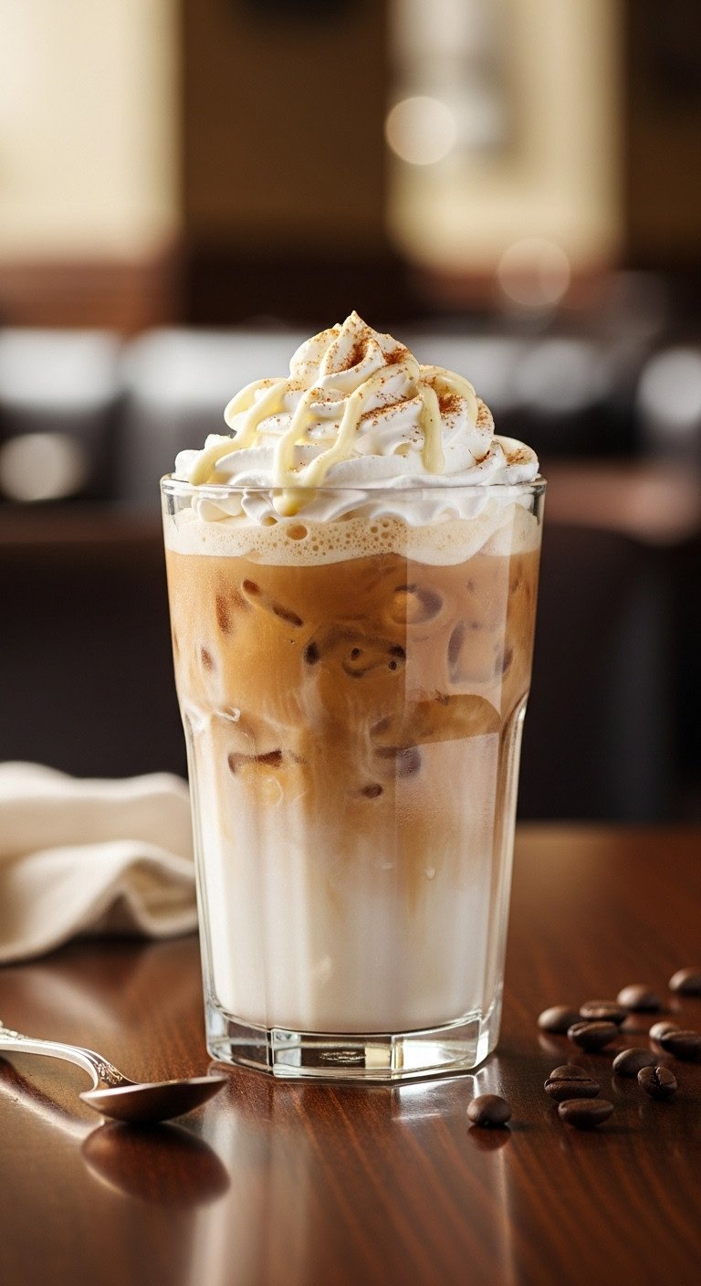 Iced Pumpkin White Mocha Latte: whipped cream, white chocolate drizzle, pumpkin spice. Clear glass, dark wood table, upscale cafe. Fall custom.
