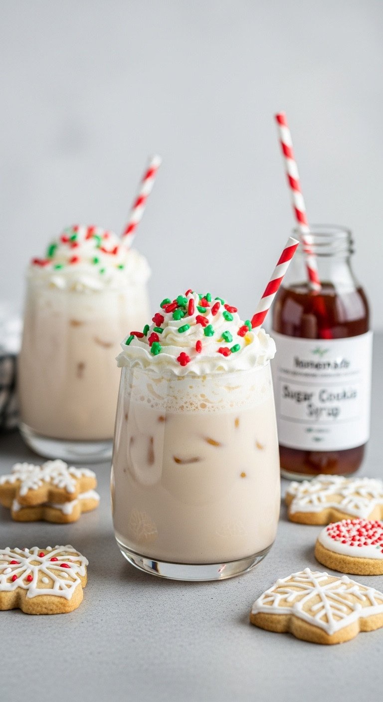 Iced Sugar Cookie Almond Milk Latte with whipped cream and sprinkles on a light gray stone surface with decorated sugar cookies