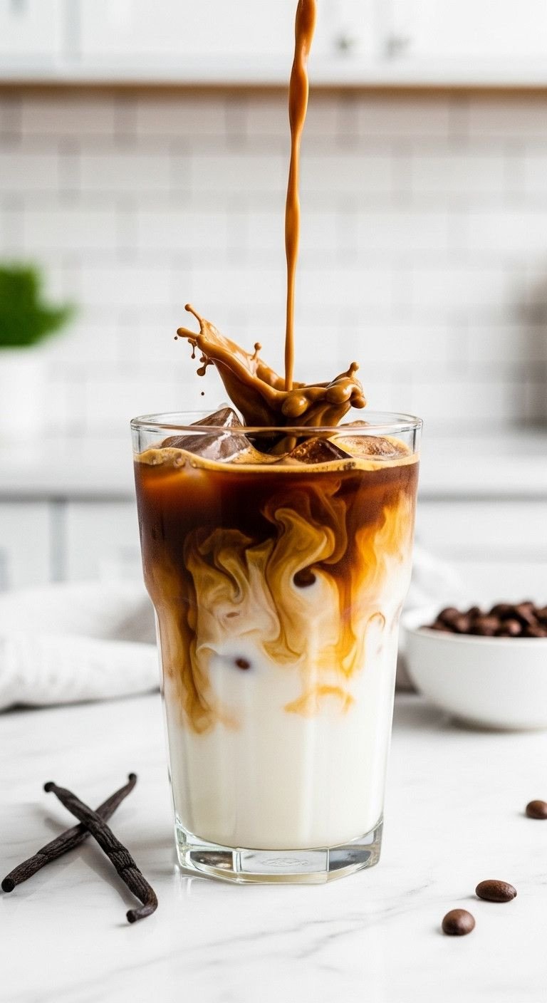 7 Iced Espresso Recipes That Taste Better Than A Cafe 3 Iced Vanilla Latte, espresso swirling into milk with ice. Vanilla bean, coffee beans on white marble. Modern, refreshing.