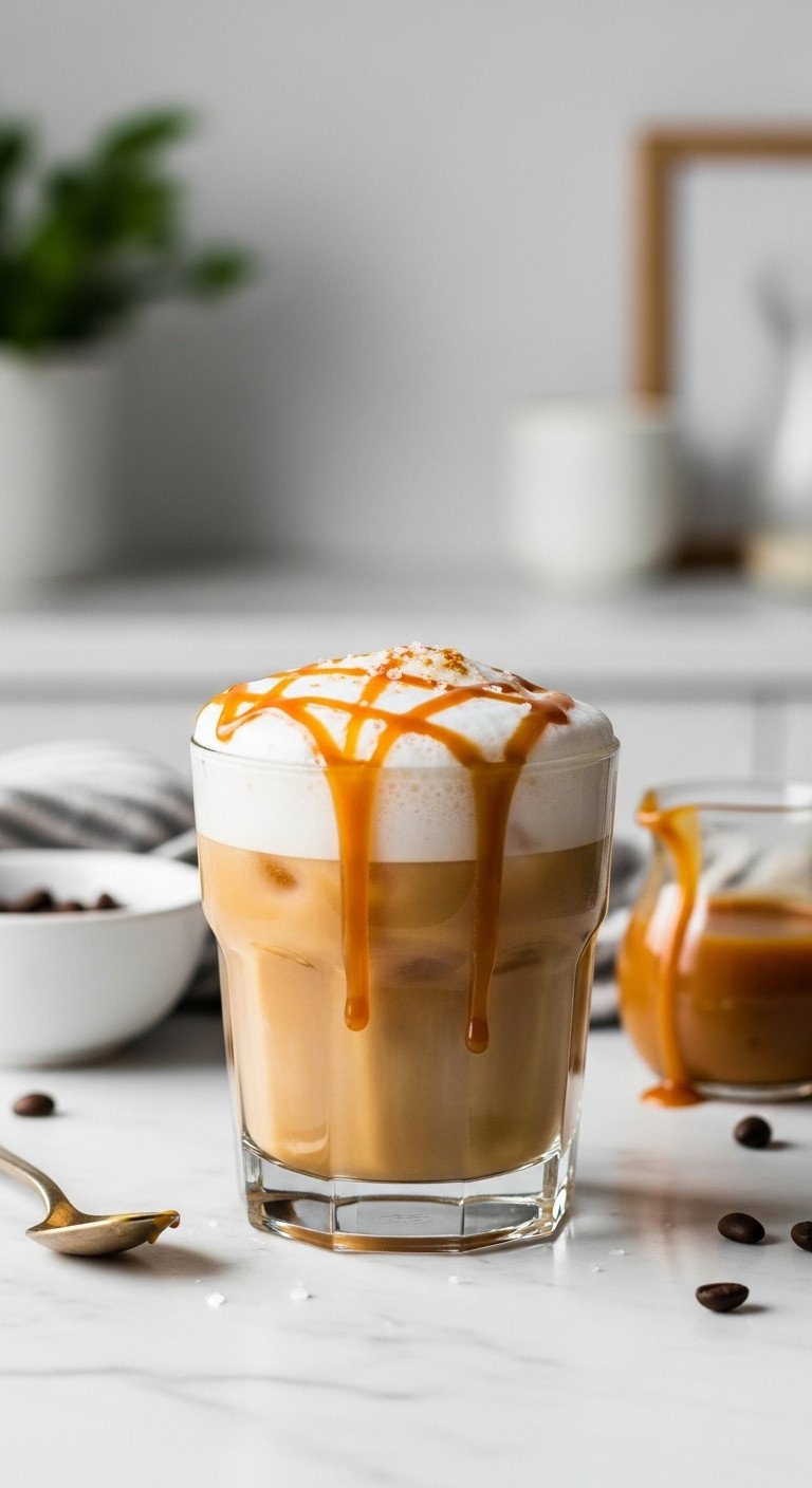 Unlock The Secret To Perfect Creamy Cold Foam At Home 5 Iced caramel macchiato, caramel cold foam, golden drizzle, sea salt flakes on white marble counter, coffee beans.