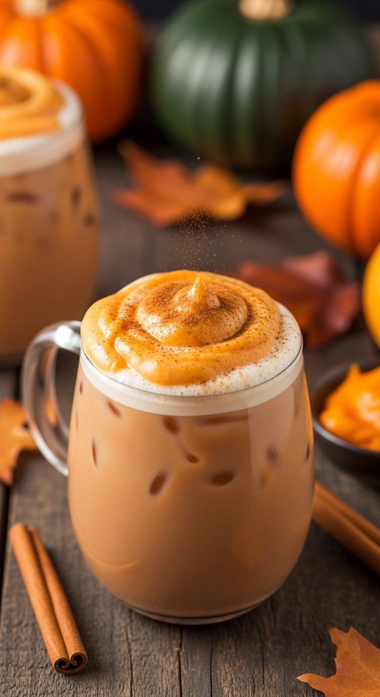 7 Easy Cold Foam Recipes With Or Without A Frother 9 Iced chai latte with orange pumpkin cream cold foam, cinnamon sprinkle, rustic mug, fall leaves, autumn recipe.