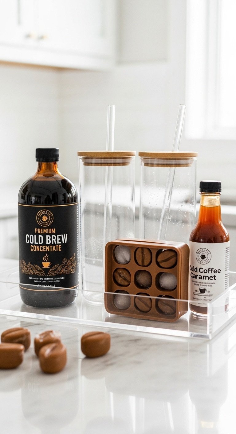 Iced coffee connoisseur gift basket with acrylic tray glass tumblers cold brew concentrate ice cube trays caramel sauce