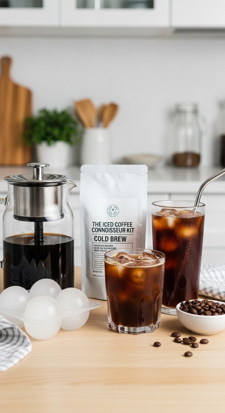 Iced coffee connoisseur kit for men with cold brew maker coarse ground coffee ice cube molds and glass tumbler on wooden table