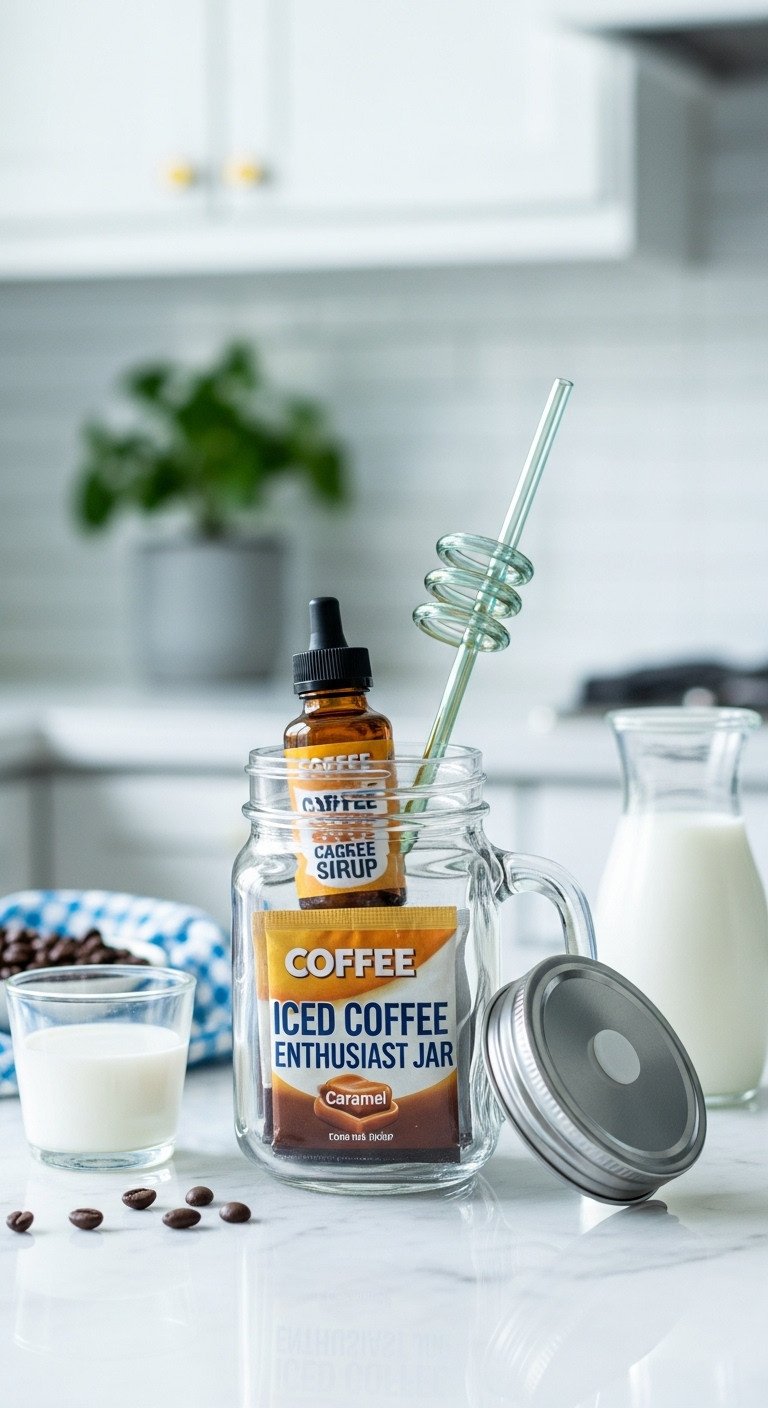 Iced coffee enthusiast DIY mason jar gift with concentrate caramel syrup and metal straw on a marble countertop
