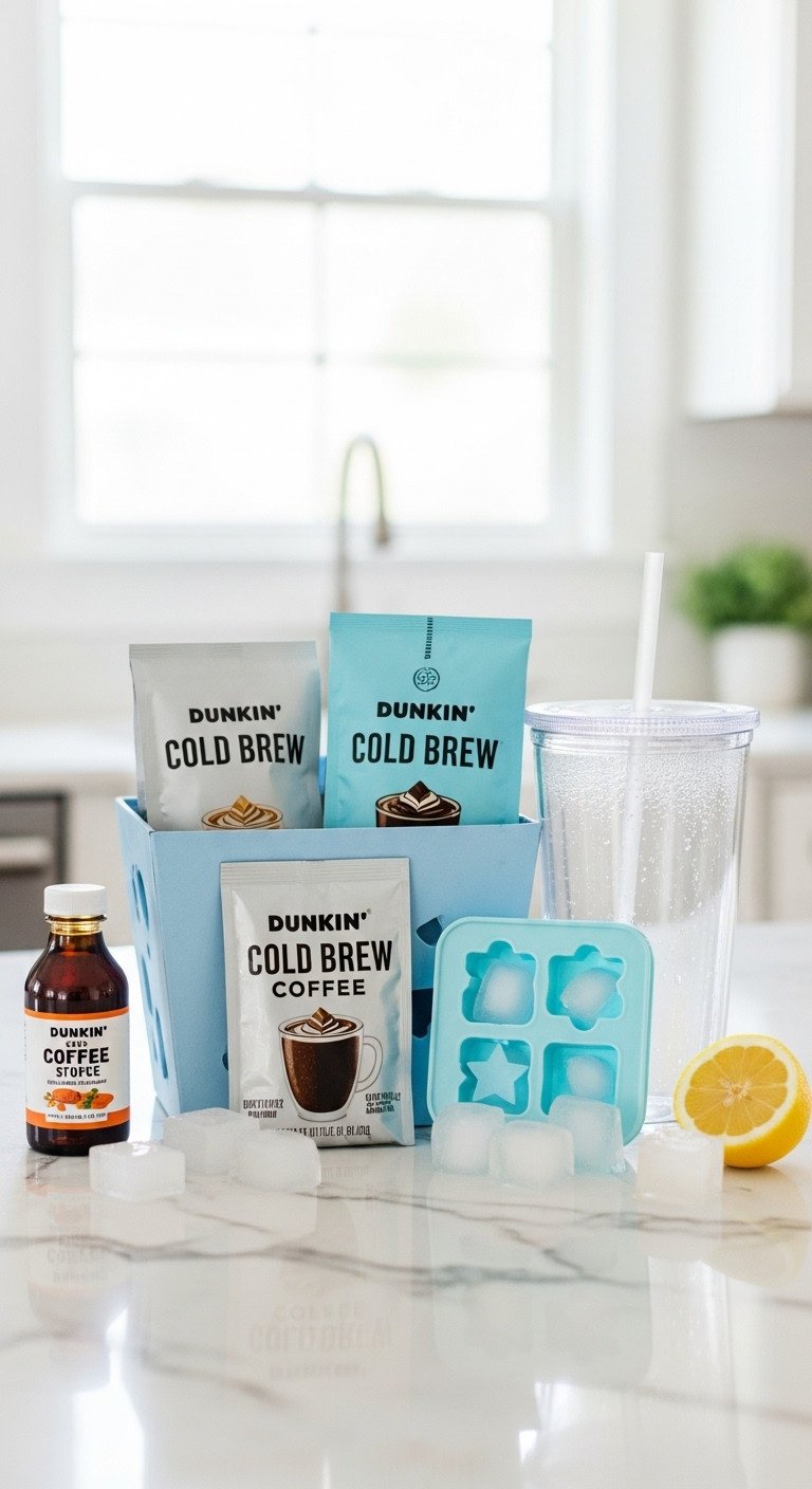 Iced coffee enthusiast Dunkin dream basket with cold brew packs reusable tumbler ice cube trays syrup and lemon