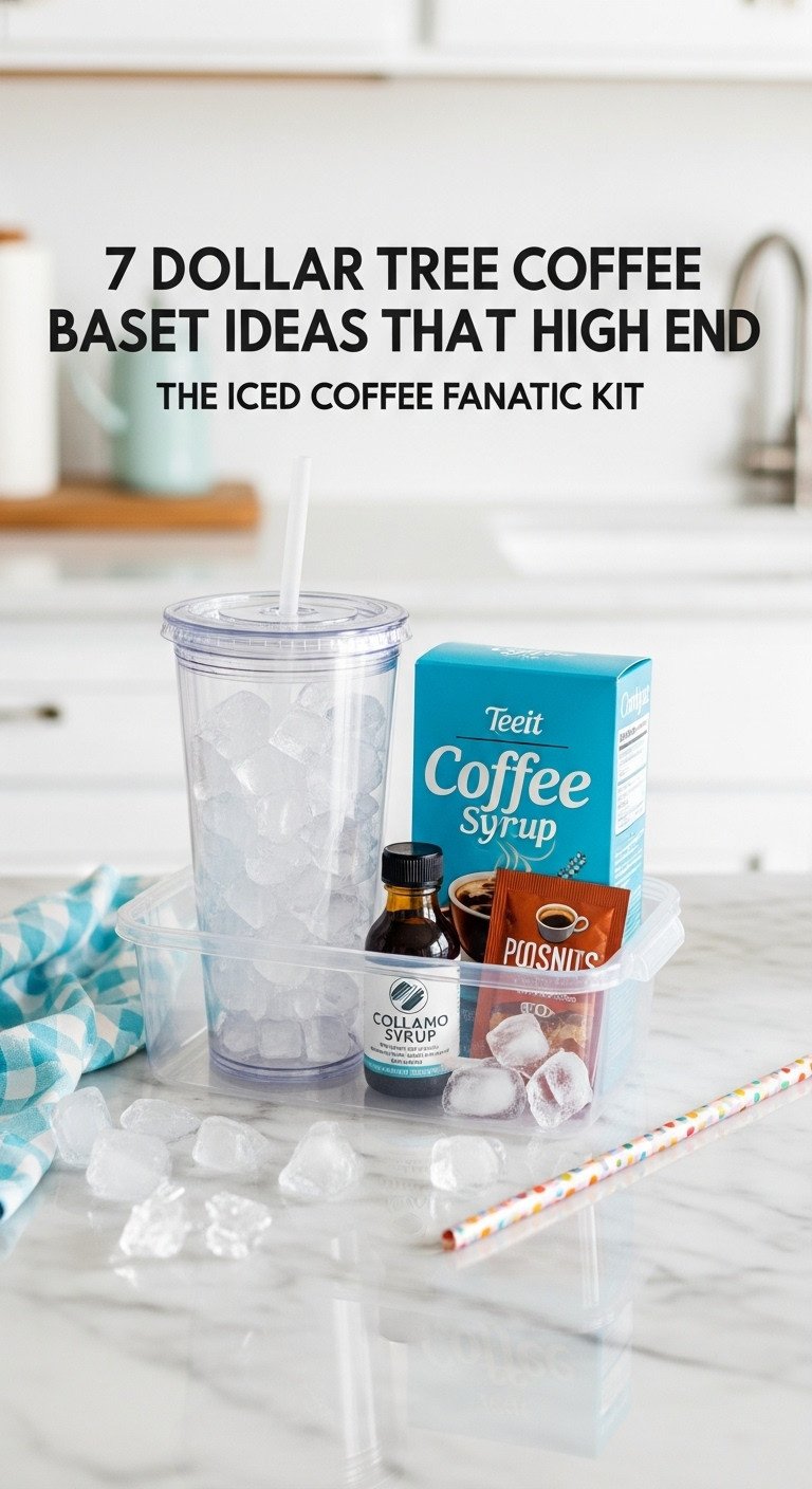 Iced coffee fanatic kit from Dollar Tree with plastic tumbler syrup and instant coffee on a marble countertop